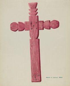 Croix en bois rouge utilisée comme pierre tombale, vers 1937