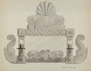 Cadre de miroir en étain avec 2 bougeoirs, vers 1937