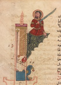 Une horloge à bougie, folio du Kitab fi ma`arifat al-hiyal al-handisaya (Le livre de la connaissance des dispositifs mécaniques ingénieux) Automates par al-Jazari (d. 1206) - Mamluk Sultanate school