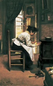 "Une femme devant le poêle", peinture de Manuel Cusi - Manuel Cusí