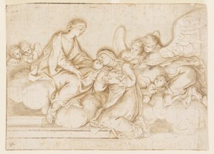 Conception pour une peinture murale monochrome, Église de Corpus Domini, Bologne, Italie, Sainte Caterina Vigri reçoit l
