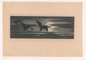 Trois canards volant au coucher du soleil - Marc Henry Meunier (attributed to)