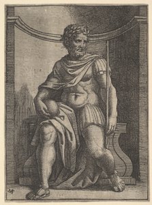 Un empereur romain assis dans une niche tenant un globe et un sceptre - Marcantonio Raimondi