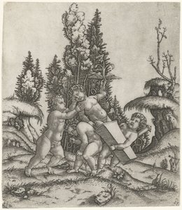 Amour et deux putti ou enfants portant une statue de putti avec une ancre ailée sur un socle - Marcantonio Raimondi