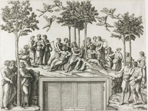 Apollon sur le Parnasse, entouré des Muses et des poètes - Marcantonio Raimondi