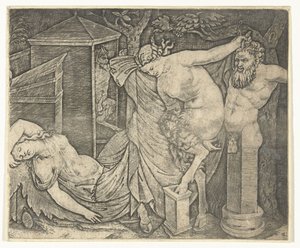 Fragment de bacchanale avec femme satyre et hermès et bacchante endormie - Marcantonio Raimondi