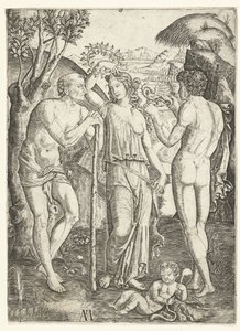 Jeune femme avec couronne de feuilles entre un vieil homme appuyé sur un bâton et un jeune homme avec un dragon et un enfant