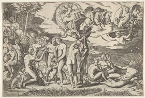 Le Jugement de Pâris : Pâris tend la main vers Vénus, qui se tient entre Junon et..., vers 1520-50 - Marcantonio Raimondi