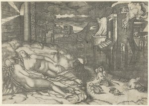 Paysage avec deux femmes nues endormies et des animaux fantastiques sur une rive près d