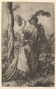Seigneur et dame marchant avec la figure de la mort cachée derrière un arbre - Marcantonio Raimondi