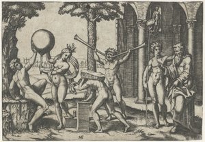 Homme avec deux trompettes et homme avec pierre sur son dos flanqué d