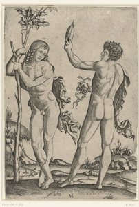 Homme nu appuyé contre un arbre et homme nu avec un miroir et deux serpents