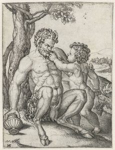 Pan avec une coupe et Bacchus enfant avec une grappe de raisin - Marcantonio Raimondi