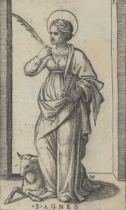Sainte Agnès tenant une palme dans sa main droite, un mouton en bas à gauche, vers 1500-1527 - Marcantonio Raimondi