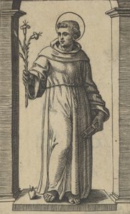 Saint Antoine de Padoue debout, lys dans sa main droite levée, un livre, vers 1500-1527