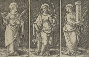 Sainte Barbe à gauche, Sainte Catherine au centre, Sainte Lucie à droite - Marcantonio Raimondi