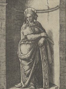 Sainte Catherine debout dans une niche, reposant sur une roue, son instrument de torture - Marcantonio Raimondi
