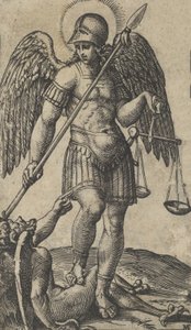 Saint Michel tenant une balance et une lance, un démon sous lui, de la série 