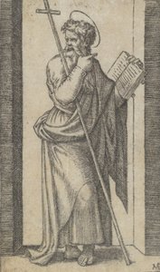 Saint Philippe, livre dans sa main gauche, bâton reposant sur son bras gauche, de la série..., vers 1500-1527 - Marcantonio Raimondi