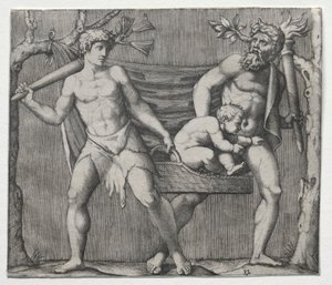 Deux faunes portant un enfant dans un panier, vers 1513-1515 - Marcantonio Raimondi