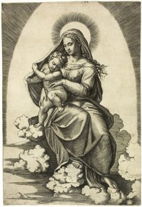 Vierge et enfant assis sur des nuages - Marcantonio Raimondi