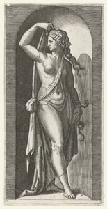 Femme comme personnification de la Prudence (Prudentia) avec serpent et masque (Série des Sept Vertus) - Marcantonio Raimondi