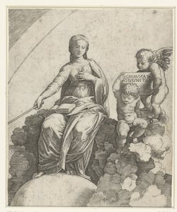 Femme avec livre et sceptre personnifiant la Philosophie, assise sur des nuages avec deux putti à ses côtés - Marcantonio Raimondi