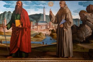 Saint François recevant les stigmates parmi Sainte Claire et Pierre, le bienheureux Bartolomeo de Breganze, et Saint Paul et Bernardino, détail