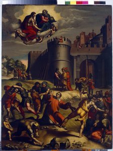 Le martyre de Saint Étienne. Premier diacre de la chrétienté, Étienne ou Stéphane (martyr en 35), est lapidé hors de la ville de Jérusalem et durant son supplice, assiste à un miracle, Dieu et Jésus Christ apparaissent - Marcello Venusti