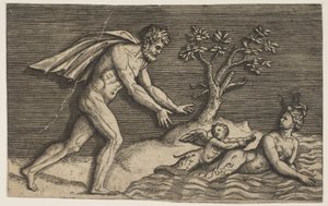 Un homme nu poursuivant une naïade et un cupidon dans l