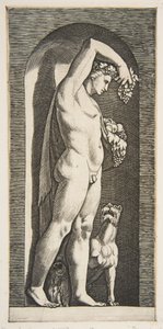 Bacchus debout dans une niche tenant des raisins dans sa main droite levée, des fruits dans sa main gauche, vers 1515-27 - Marco Dente