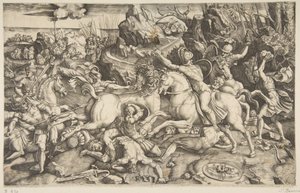 Scène de bataille dans un paysage avec des soldats à cheval et plusieurs hommes tombés, un autre..., vers 1520