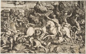 Scène de bataille dans un paysage avec des soldats à cheval et plusieurs hommes tombés, autre..., vers 1520