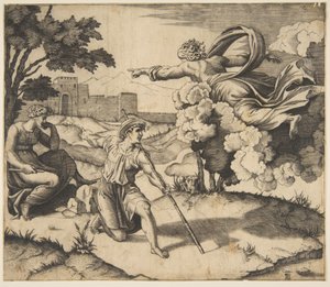 Dieu apparaissant à Isaac, Dieu flottant dans les nuages pointant vers Rebecca assise sous..., vers 1515-27 - Marco Dente