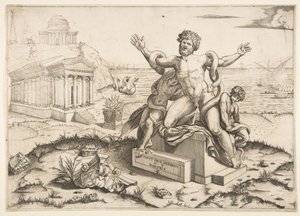 Laocoon et ses deux fils attaqués par des serpents sur un piédestal, un temple à Mi..., vers 1515-27 - Marco Dente