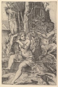 Pan espionnant la nymphe Syrinx assise sur un rocher, peignant ses cheveux, vers 1516-20 - Marco Dente
