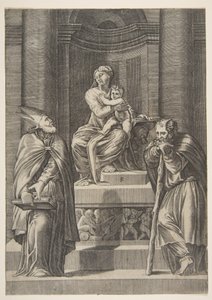 Saint Joseph à gauche et un évêque à droite devant l