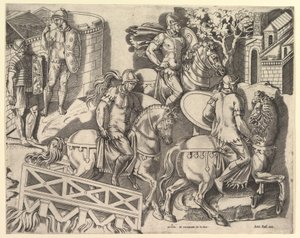 Speculum Romanae Magnificentiae : Cavaliers romains traversant un pont de Trajan, 16ème siècle - Marco Dente