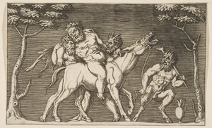 Deux satyres plaçant Silène sur une mule braillante et un troisième satyre à droite - Marco Dente