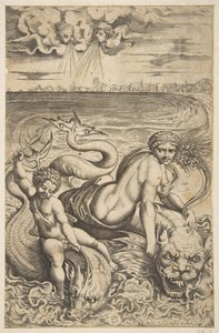 Vénus et Cupidon chevauchant deux monstres marins, Cupidon lève une flèche dans sa main droite - Marco Dente