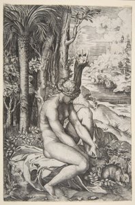 Vénus enlevant une épine de son pied gauche assise sur un tissu à côté des arbres, vers 1515-27 - Marco Dente