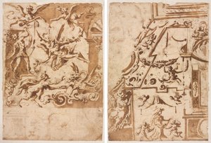 Grotesque avec un satyre nourrissant un dragon (recto); Grotesque avec un centaure bondissant (verso) - Marco Marchetti