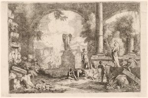Caprice de ruines antiques avec des hommes regardant un orateur classique