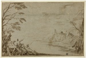 Chasseurs avec chien au bord d