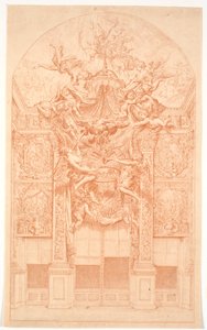 Esquisse de décoration avec des génies portant une couronne et un dais