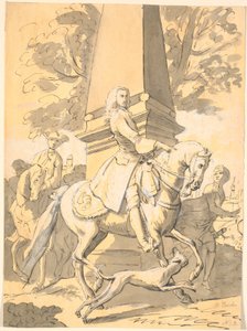 Un noble accompagné de serviteurs passe devant un monument