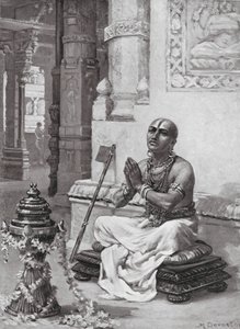 Ramanuja contemplant sa philosophie du Dieu personnel unique, 1100 ap. J.-C. (lithographie) - Margaret (after) Dovaston