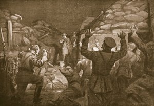 Un officier allemand et quatorze de ses hommes implorent la pitié du lieutenant Leach (lithographie). - Margaret Dovaston