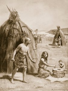 Un établissement sumérien primitif, illustration tirée de "Hutchinsons History of the Nations", vers 1910 (lithographie) - Margaret Dovaston