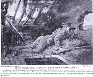 Sergent-major de compagnie Barwick tirant des coups de feu depuis un chalet en ruine à Ghehuvelt, octobre 1914 (litho) - Margaret Dovaston